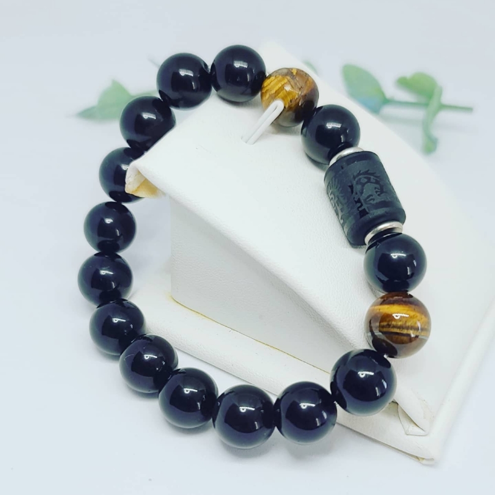 Black Obsidian, Tiger Eye Bracelet Dragon symbol